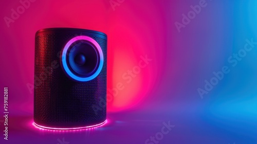 Modern wireless portable music loudspeaker isolated on neon pastel background. AI generated image photo