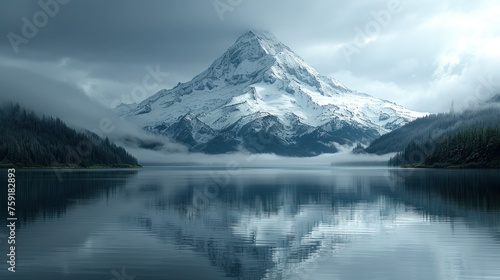 a mountain covered in snow next to a body of water with trees in the foreground and clouds in the background.