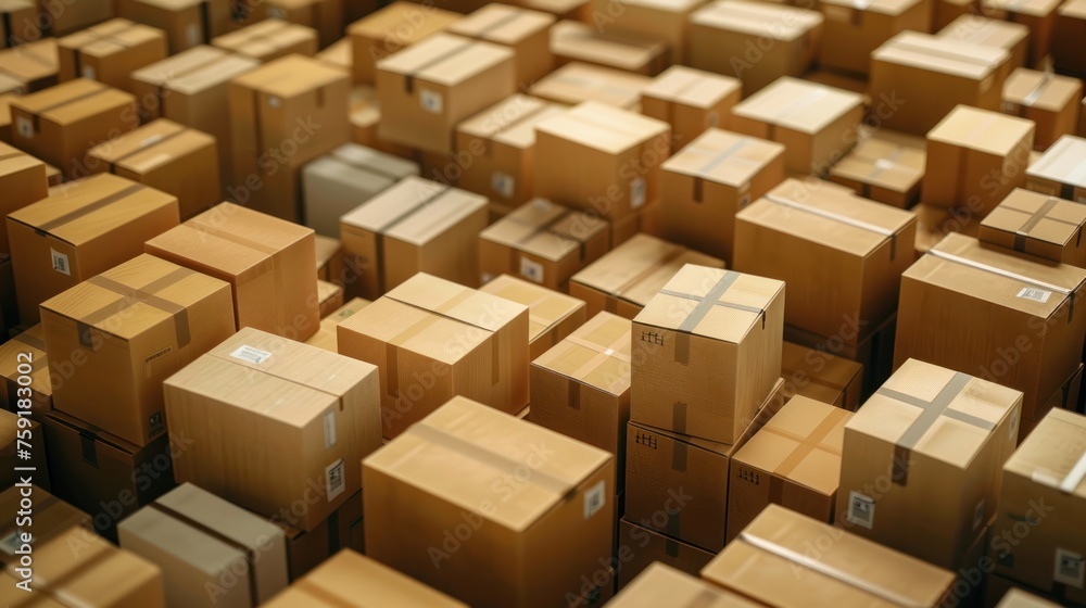 Fototapeta premium Cardboard boxes arranged in a distribution warehouse factory. AI generated image