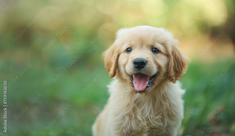 Golden Retriever Puppy Playing in the Grass, Tongue Out, Daylight