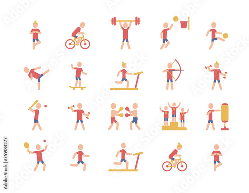 Vector color set of sports. Contains figure cycling, running, tennis, athletics, archery and more. Color pictograms different sport types.