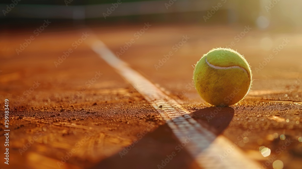 A tennis ball is sitting on a tennis court. The ball is yellow and has a white line around it. Tennis Roland Garros Concept