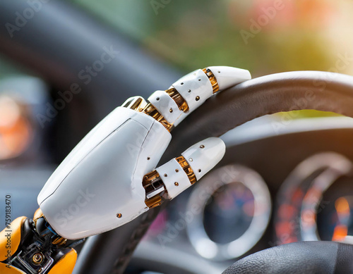 Detail von einer Roboterhand, die ein Lenkrad eines Autos hält