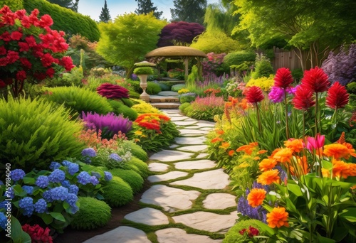 illustration, lush garden landscape design colorful pathway, flowers, greenery, outdoor, natural, beautiful, serene, tranquil, plants, trees, shrubs