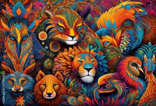 illustration, colorful animal collage vibrant patterns texture, bright, multicolored, fauna, mixed, media, lively, design, vivid, motley, creature, mosaic, energetic
