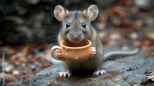 a mouse is holding a coffee cup in it's paws and it's paw is sticking out of the cup.