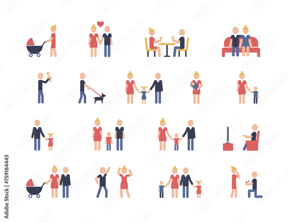 Family pictograms color. Collection of icons with parents, children, family love, marriage proposal, scenes from family life and more. Vector illustration. Family pictograms color. Collection of icons with parents, children, family love, marriage proposal, scenes from family life and more. Vector illustration.