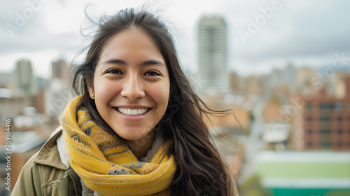 Portrait of native american woman smiling on camera with city in background during winter time - Indigenous girl outdoor - Model by AI generative