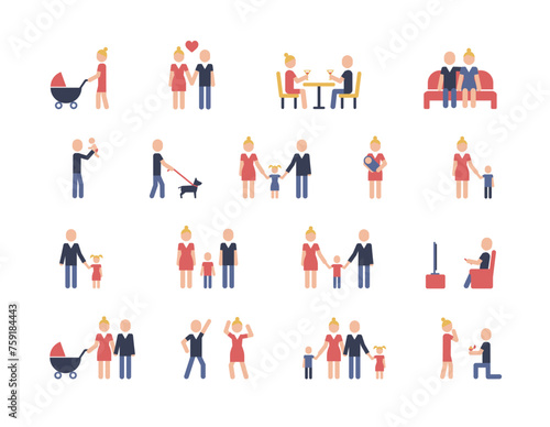 Family pictograms color. Collection of icons with parents, children, family love, marriage proposal, scenes from family life and more. Vector illustration.