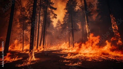 Raging forest fire with intense flames engulfing the trees in a fierce and devastating inferno