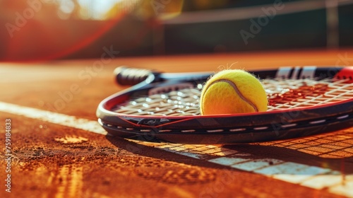 A tennis ball sits on the ground on a tennis racket. The racket is black and white with a red stripe. The scene is set on a tennis court. Roland Garros Tennis Concept © Nico