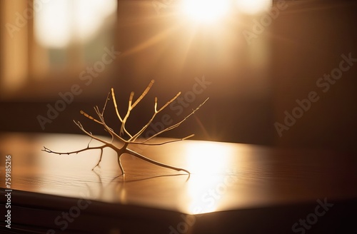 A serene image of a single, delicate dry branch casting long shadows on a wooden surface as the golden sunset light streams through a window