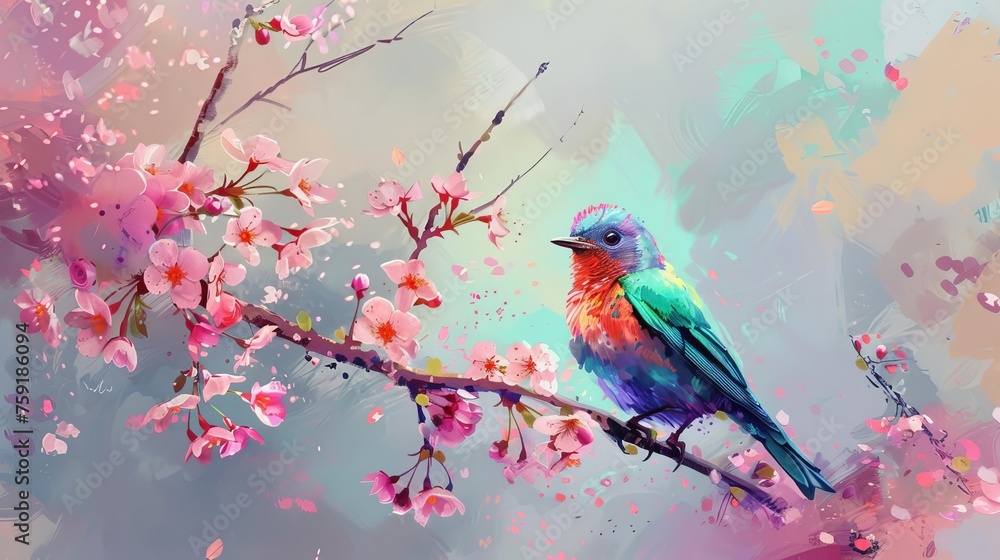 Fototapeta premium Colorful Songbird Perched in Vibrant Cherry Blossom Tree, Springtime Digital Painting