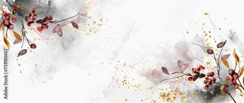 watercolor background with golden lines, with branches and berries, gold leaf details, flat lay, white background Generative AI