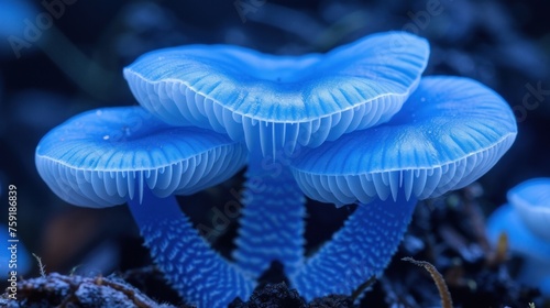 a group of blue mushrooms sitting on top of a patch of grass next to a seaweed covered ocean floor.