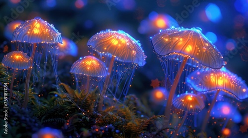 a group of glowing mushrooms sitting on top of a lush green forest covered in lots of blue and yellow lights.