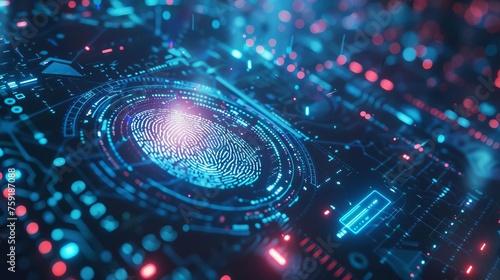 Futuristic fingerprint scan on digital screen, cybersecurity and password control concept illustration © Bijac
