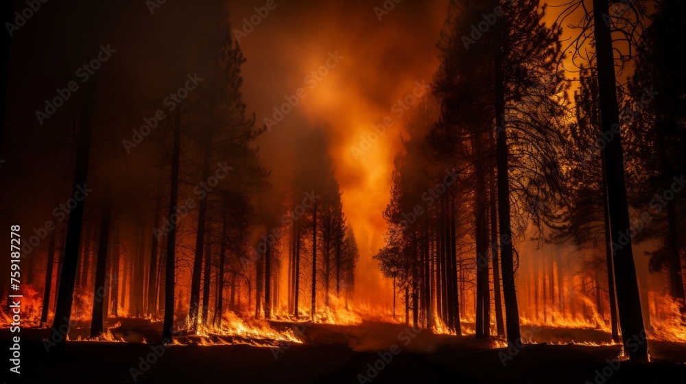 Devastating forest inferno engulfs trees in a fierce and unstoppable blazing wildfire