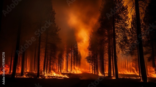 Devastating forest inferno engulfs trees in a fierce and unstoppable blazing wildfire