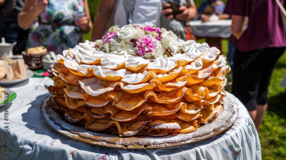 a close up of a cake on a plate on a table with other plates of food and people in the background.