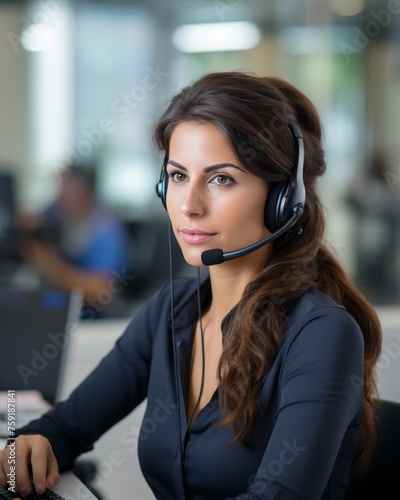 Smiling call center consultant with headset in crm mockup for customer service and telemarketing