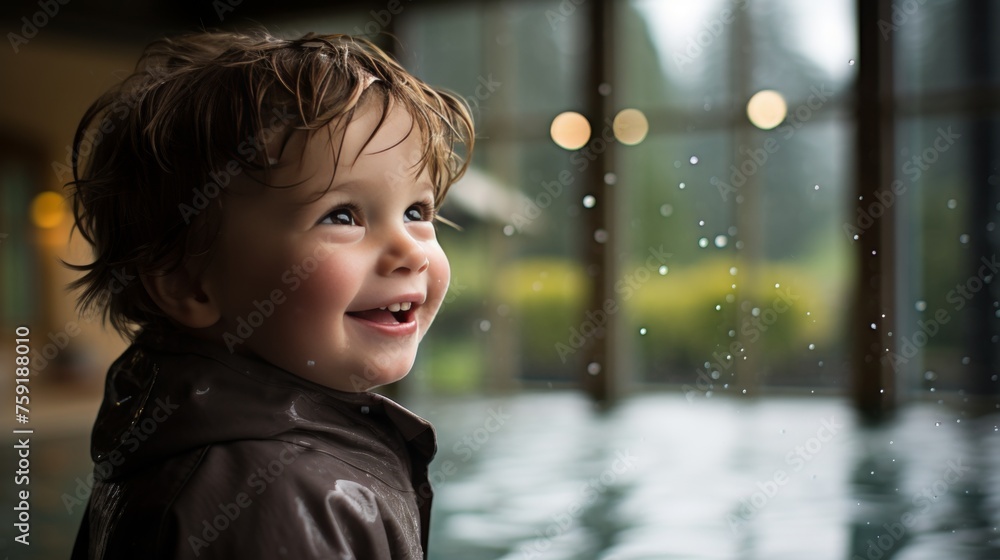 Delighted young boy smiling and having a great time playing at an indoor swimming pool Delighted young boy smiling and having a great time playing at an indoor swimming pool