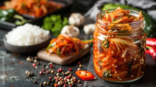 homemade kimchi sauce in a glass jar, its rich red color standing out against a backdrop of fresh vegetables and rice
