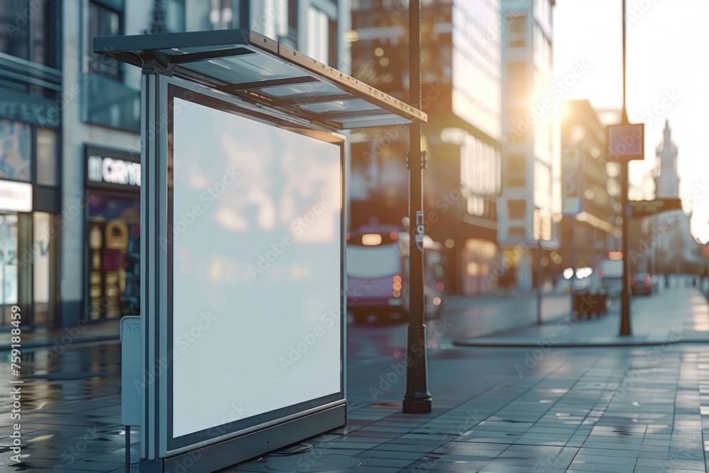 A large white billboard sits on a city street, illuminated by the streetlights. The empty billboard and bench give the impression of a quiet, peaceful moment in the city A large white billboard sits on a city street, illuminated by the streetlights. The empty billboard and bench give the impression of a quiet, peaceful moment in the city