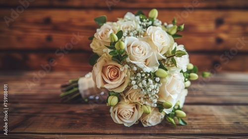 a bridal bouquet of white roses and baby's breath sits on a wooden table in front of a wooden wall. photo