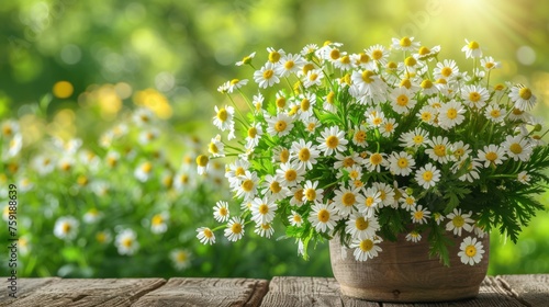a bouquet of daisies in a wooden vase on a wooden table in front of a field of wildflowers.