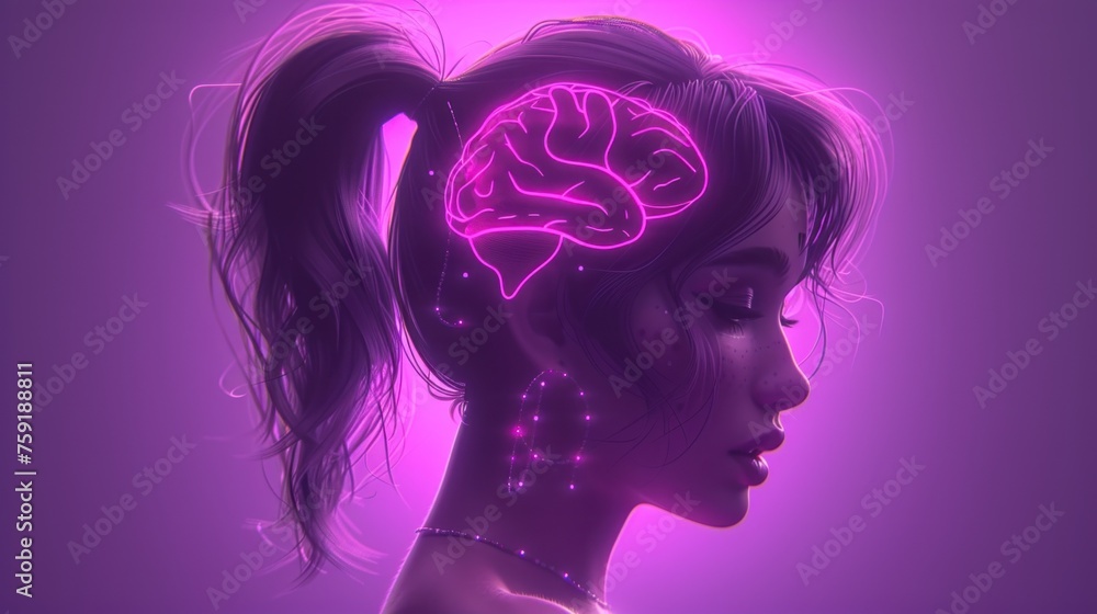 a drawing of a woman's head with a glowing brain highlighted in the shape of a woman's head.
