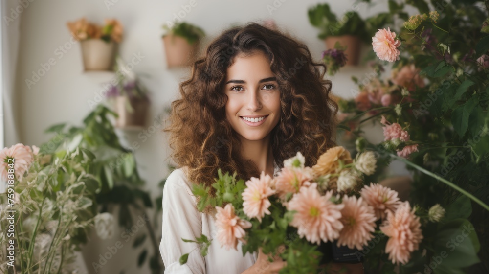 Cheerful hispanic female florist shop owner excels in small business with charm and positivity Cheerful hispanic female florist shop owner excels in small business with charm and positivity