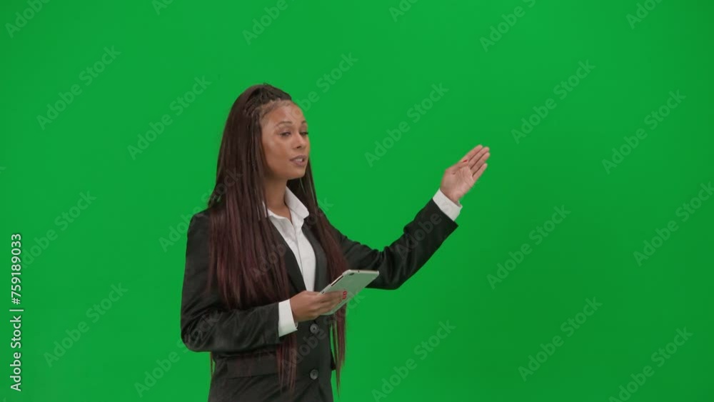 Female reporter isolated on chroma key green screen background. African American woman news host in suit with tablet talking shows empty area. Female reporter isolated on chroma key green screen background. African American woman news host in suit with tablet talking shows empty area.