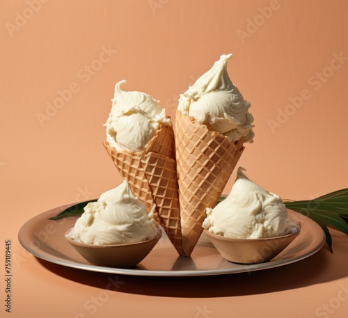 three ice cream cones on a plate with a palm leaf on the side of the plate and a pink background. photo