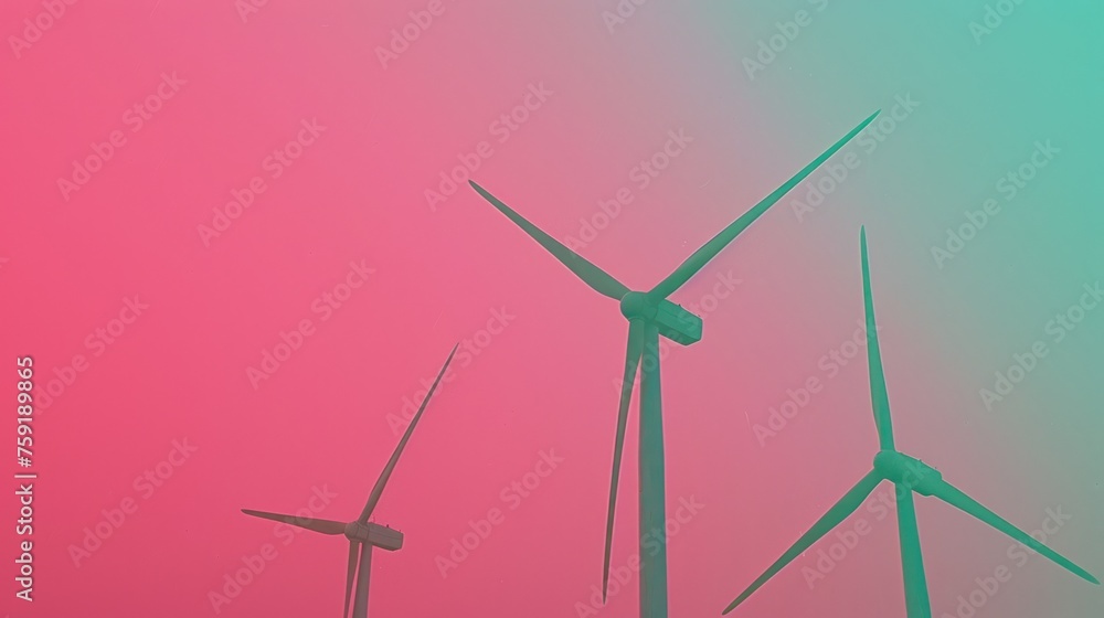 a group of windmills that are standing in the air with a pink and blue sky in the back ground. a group of windmills that are standing in the air with a pink and blue sky in the back ground.