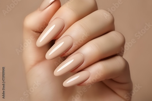 Glamour woman hand with nude nail polish on her fingernails. Nude shade nail manicure with gel polish at luxury beauty salon. Nail art and design. Female hand model. French manicure.