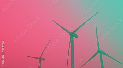 a group of windmills that are standing in the air with a pink and blue sky in the back ground. © Anna