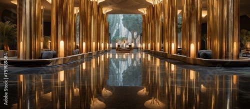 Interior of a water feature with golden columns in a lobby