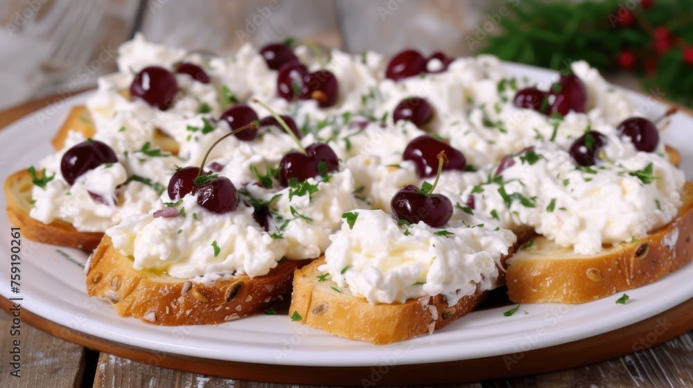 a close up of a plate of food with cheese and cherries on bread with a sprig of parsley.