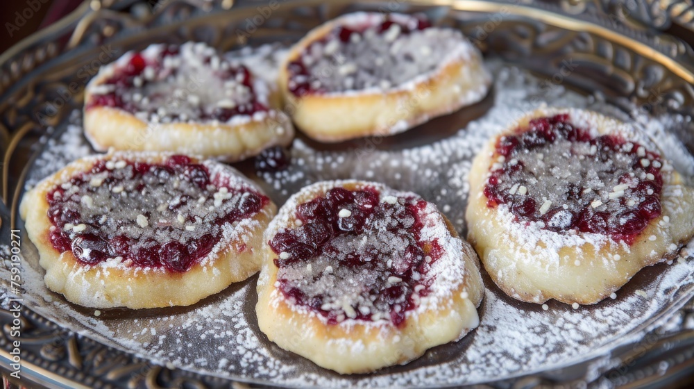 a close up of a plate of pastries with powdered sugar and cranberry toppings on them. a close up of a plate of pastries with powdered sugar and cranberry toppings on them.