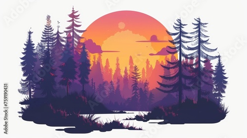 Sunset Forest Illustration on White Background Generative AI