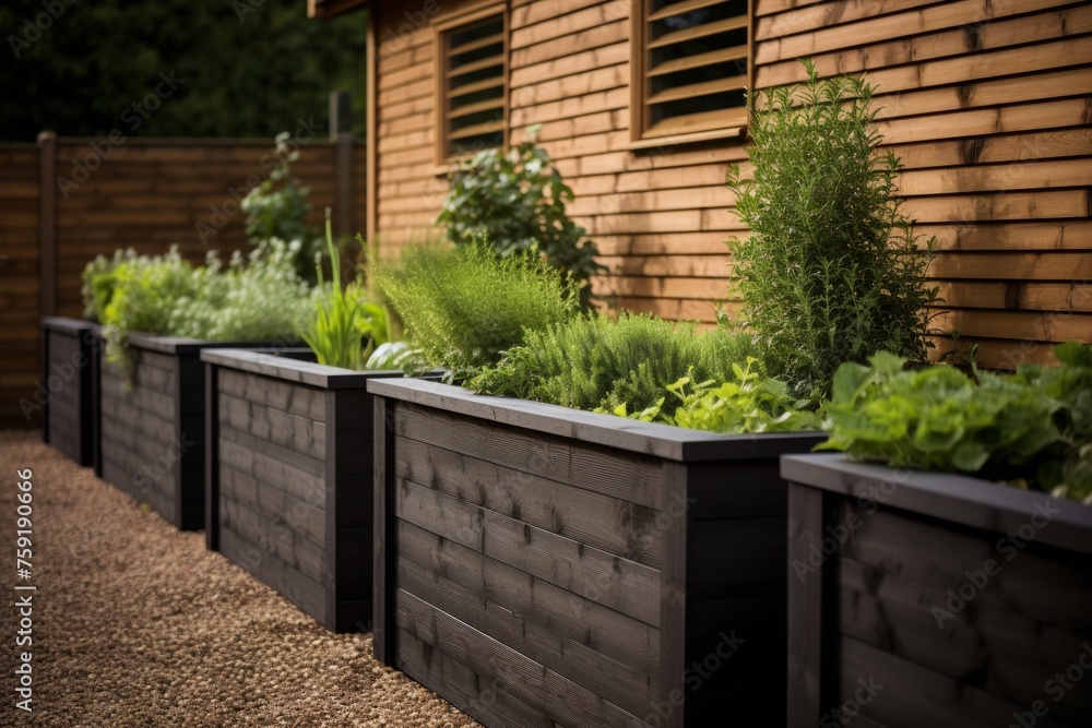 Wooden raised planters in modern countryside garden with herbs, veggies, and flowers