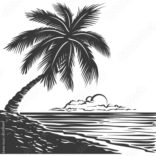 Silhouette Palm tree on the beach with Sunset black color only