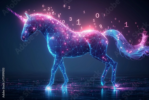 Digital unicorn constructed of interconnected points and lines against dark. Mythical creature is embellished with a scattering of glowing binary code, symbolizing harmonious blend of technology. © foxyburrow