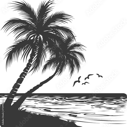Silhouette Palm tree on the beach with Sunset black color only