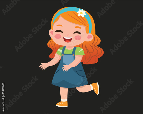 Happy cartoon girl isolated on black background. Cute character in vector illustration