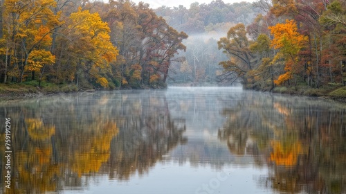a body of water surrounded by trees with yellow and red leaves on the trees and fog in the sky and fog in the water.