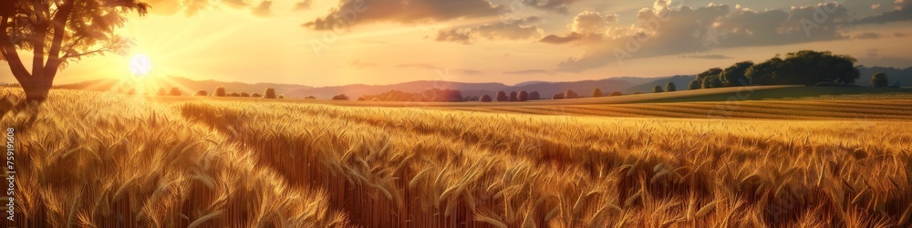 A field of golden wheat with a sun setting in the background, AI