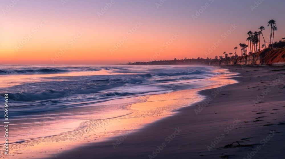 Fototapeta premium A beach with a sunset and waves in the distance, AI