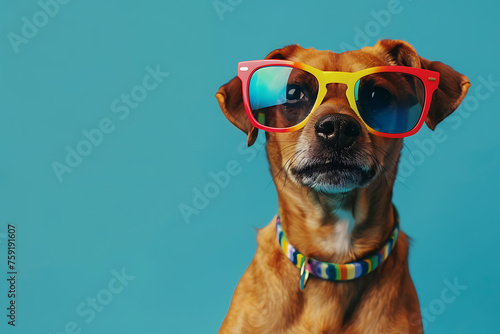 Brown Dog Wearing Red and Yellow Sunglasses